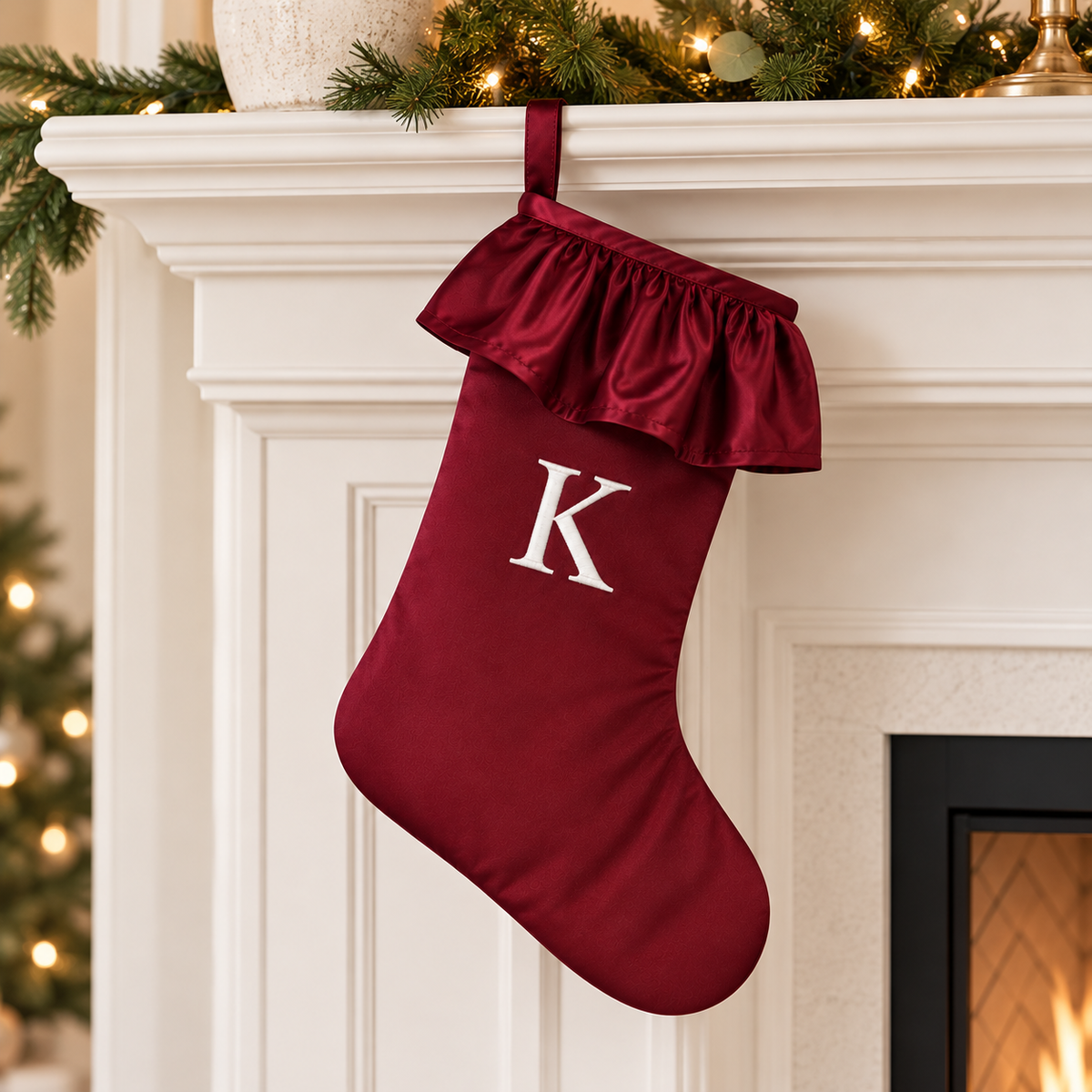 Embroidered Red Ruffle Velvet Letter Stocking